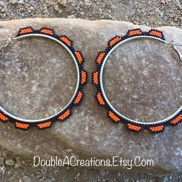 Orange Beaded Hoops, New, Handmade by Me - Picture 2 of 9